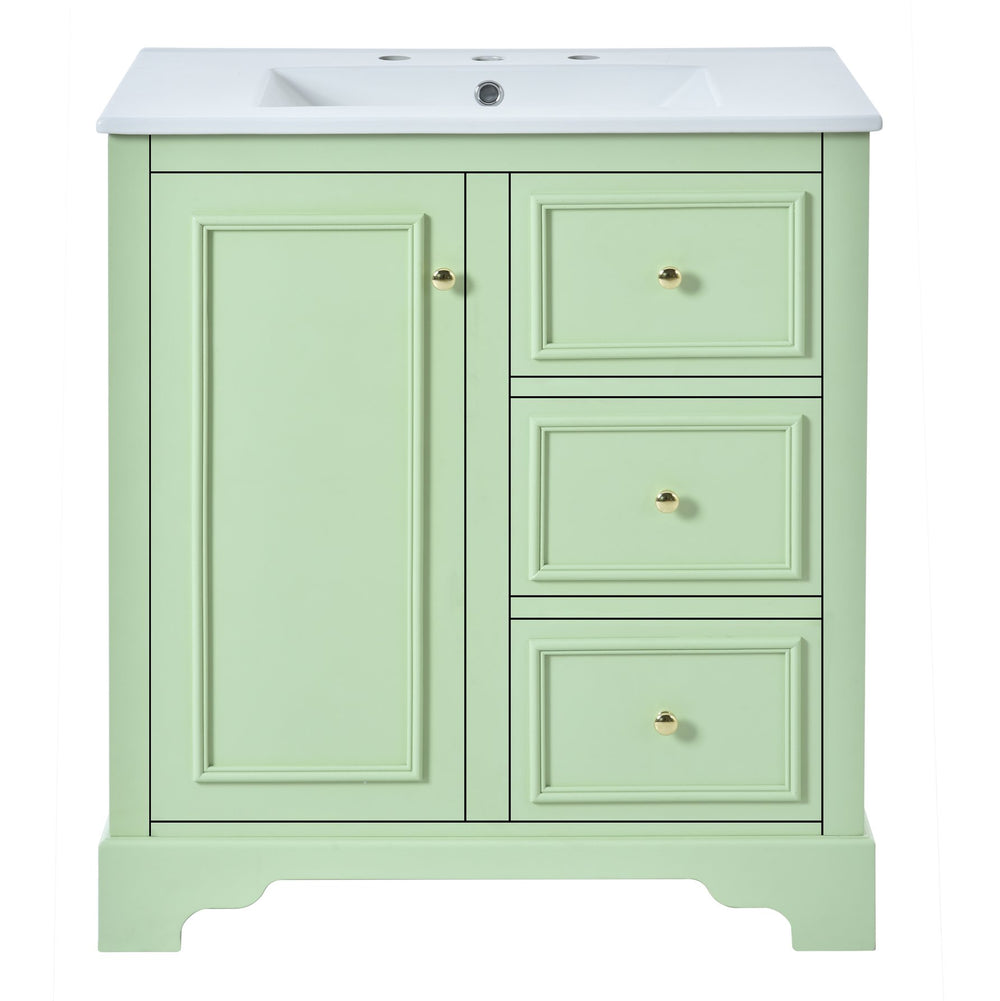 English Elm 30-Inch elegant bathroom vanity with ceramic basin, soft-close drawers, adjustable shelves, durable finish Green N729P176237L