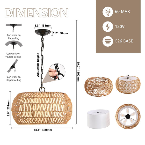 English Elm 18" Farmhouse Pendant Light - Handwoven Jute Rope Shade, Adjustable Chain, Warm Rustic Glow W2312P368681