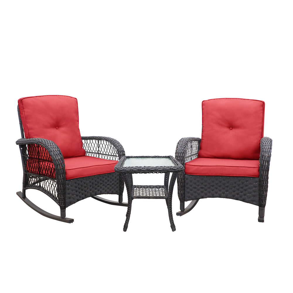 English Elm 3 Piece Outdoor Wicker Rocking Bistro Set with Glass Top Table Patio Porch W1889P500208