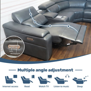 English Elm Power Reclining Sectional with Bluetooth Audio Led Lighting and Wireless Charging Tech Leather Dark Grey W3795S00020