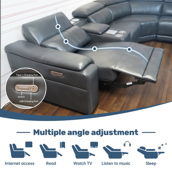 English Elm Power Reclining Sectional with Bluetooth Audio Led Lighting and Wireless Charging Tech Leather Dark Grey W3795S00020