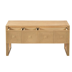 English Elm [video] Art Deco Console Table Geometric Carved Fronts Fluted Legs 3 Soft-close Drawers Light Brown N759P433572T