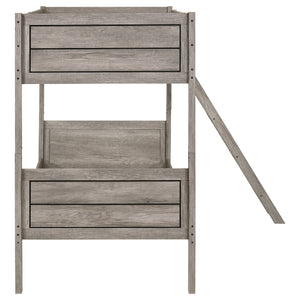 English Elm Brenton Twin-Over-Twin Bunk Bed with Ladder and Slatted Rails, Solid Rubberwood Farmhouse Style Retreat taupe B062S01005