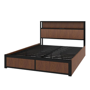 English Elm Large Walnut French Bed Frame with 8 Extra-Large Drawers, Reinforced Iron Support, USB Socket W1858P336607