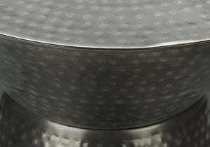 English Elm Accent Drum End Table with Hammered Metal Finish — 22" Handcrafted Cone Shape for Chic Living Spaces Silver 23 L x 23 W x 19 H B2710P219460