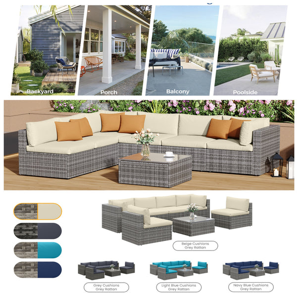 English Elm 7-piece Outdoor Modular Sectional Pe Wicker Patio Set with Tempered Glass Coffee Table Beige+Brown B082S00063