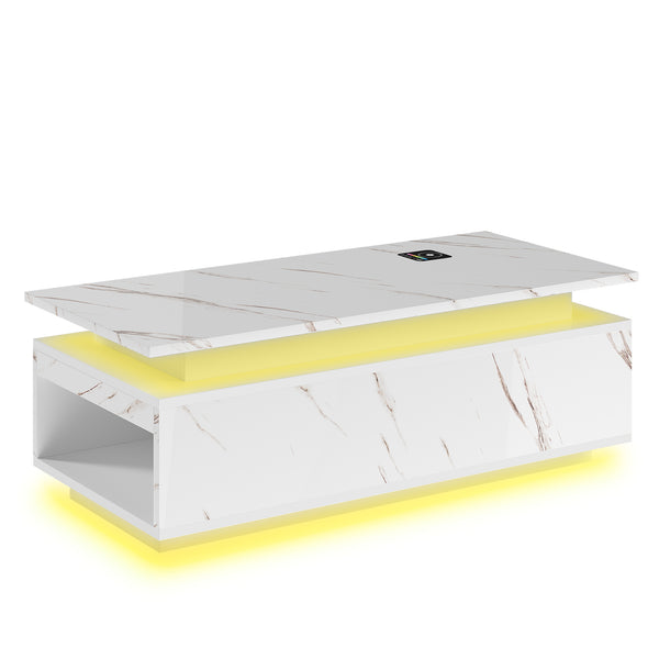 English Elm Coffee Table with Led Lighting Bluetooth Speaker Wireless Charging and Faux Marble Top White T3773P415726