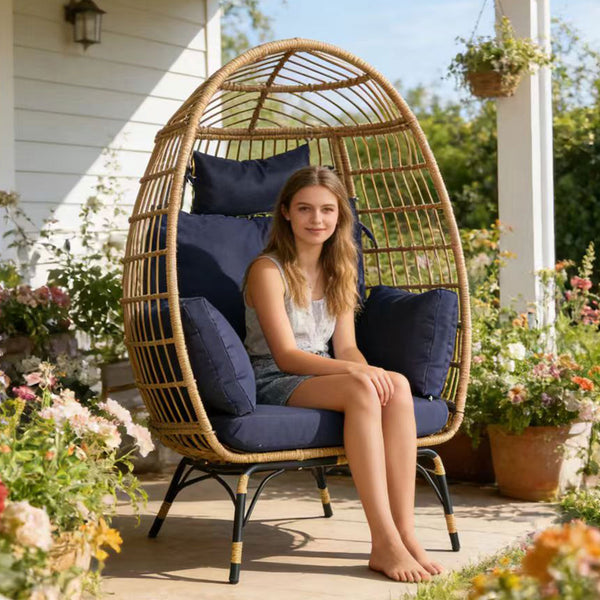 English Elm Wicker Egg Chair Oversized Pe Rattan with Cushion for Patio Balcony Porch W874P266328