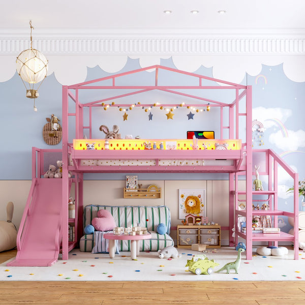 English Elm Twin Metal Loft Bed with Built-in Wardrobe Storage Stairs Led Lights and Usb Ports W5316S00048