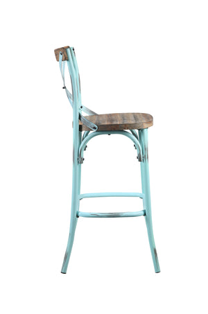 English Elm Zaire Vintage Industrial Armless Bar Chair with Antique Oak Wood Seat & Turquoise Metal X Back, 29" B2726P338126