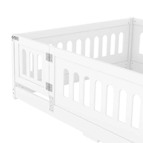 English Elm Full Size Floor Bed With Safety Guardrails And Built-In Door For Kids' Bedrooms And Playrooms W1820P240537