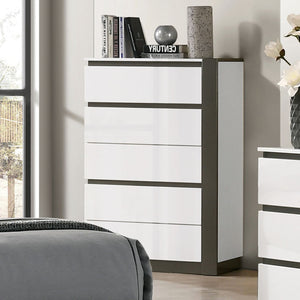 English Elm Contemporary Modern Two-Tone Chest with Concealed Pulls, High-Gloss Finish and Asymmetric Design Metallic Grey,White 35 L x 21 W x 52 H B2741P380257