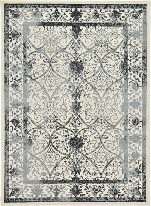 Unique Loom La Jolla Traditional Machine Made Floral Rug Ivory and Gray, Black/Gray/Ivory 7' 10" x 11' 0"