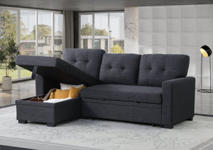 English Elm Tufted Linen Sectional Sleeper Sofa with Storage Ottoman and Reversible Chaise Dark Gray B2730S00050