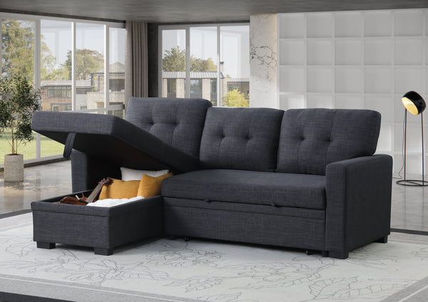 English Elm Tufted Linen Sectional Sleeper Sofa with Storage Ottoman and Reversible Chaise Dark Gray B2730S00050