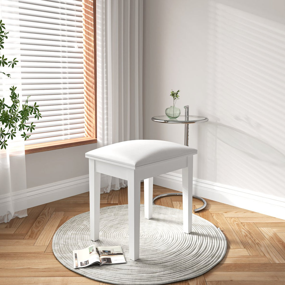 English Elm Vanity Stool with Cushion and Solid Wood Legs, White Finish — Comfortable PU Seat, Stable 264lb Load W3128P257656