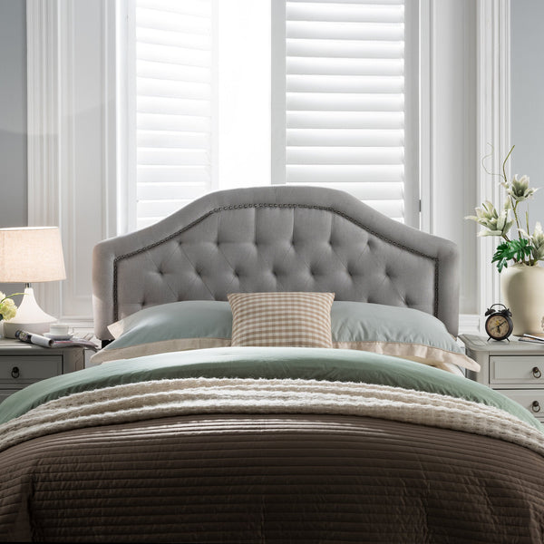 English Elm Tufted Queen Headboard with Nailhead Trim Solid Wood Frame Adjustable Iron Legs Light Grey 57875.00LGRY