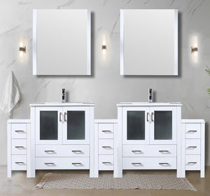 English Elm White Double Bath Vanity 96 in W x 18.25 in D with Side Cabinets, Scratch-Resist Ceramic Top, Chrome Faucet Set and 28 in Mirrors B2731S01223