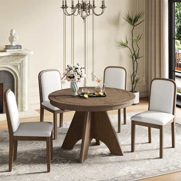 English Elm Trexm Rustic Farmhouse Extendable Dining Set Seats Six with Upholstered Rubberwood Chairs Espresso ST000152AAP