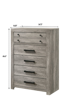 English Elm 1pc Rustic Charm Weathered Finish Metal Handle Five-Drawer Tall Chest Bedroom Storage Tower with Sleek Modern Lines and Easy Assembly Gray 37.7 L x 19.3 W x 52.4 H B2741P354505