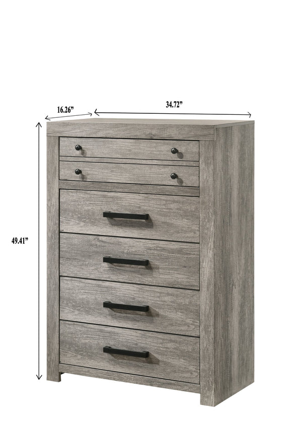 English Elm 1pc Rustic Charm Weathered Finish Metal Handle Five-Drawer Tall Chest Bedroom Storage Tower with Sleek Modern Lines and Easy Assembly Gray 37.7 L x 19.3 W x 52.4 H B2741P354505