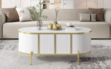 English Elm Modern Luxury Oval Shaped Fluted Coffee Table, Marble-Patterned Top Coffee Table With 2 Cabinets, Metal Legs and Handles For Living Room, White (Date Of Expected Arrival: 11.20)