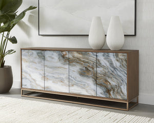 Sunpan Fuentes Sideboard - Luxurious Brown Oak Storage with Mother of Pearl Style & Soft Close Doors