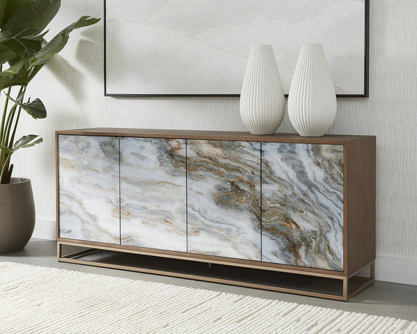 Sunpan Fuentes Sideboard - Luxurious Brown Oak Storage with Mother of Pearl Style & Soft Close Doors