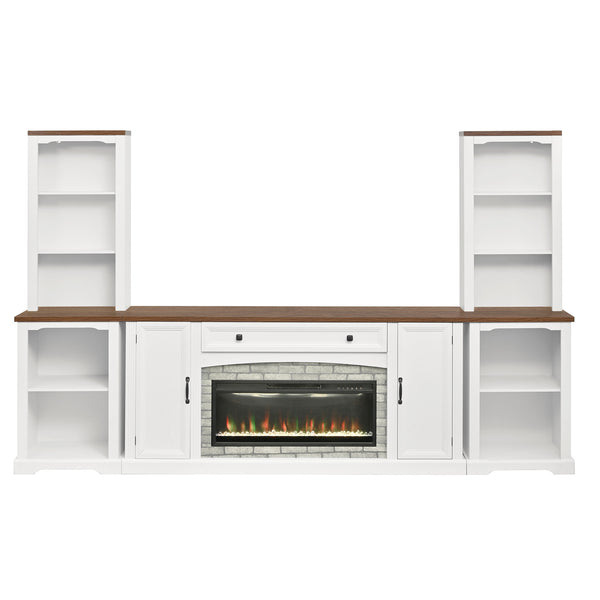 English Elm 3-piece Farmhouse Entertainment Center with Curved Cabinets Walnut Mdf Modular Living Room White N721S000072K