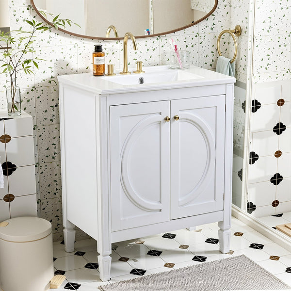 English Elm 30" Vintage White Bathroom Vanity with Ceramic Sink, No Assembly, Soft-Close Doors & Spacious Storage W2896P318470