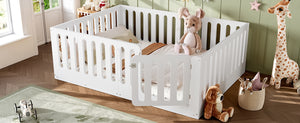 English Elm Queen Solid Pine Montessori Floor Bed for Kids with House Frame and Built-in Door Light White W5305P420638
