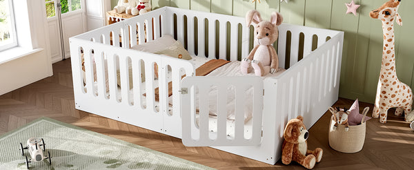 English Elm Queen Solid Pine Montessori Floor Bed for Kids with House Frame and Built-in Door Light White W5305P420638