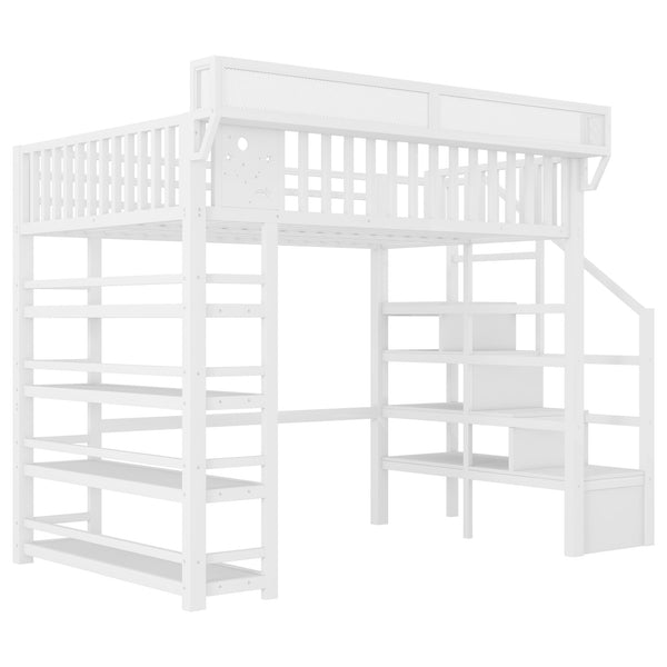 English Elm Full Metal Loft Bed with Stair Storage Rgb Lighting and Charging Station for Teens White W2580S00075