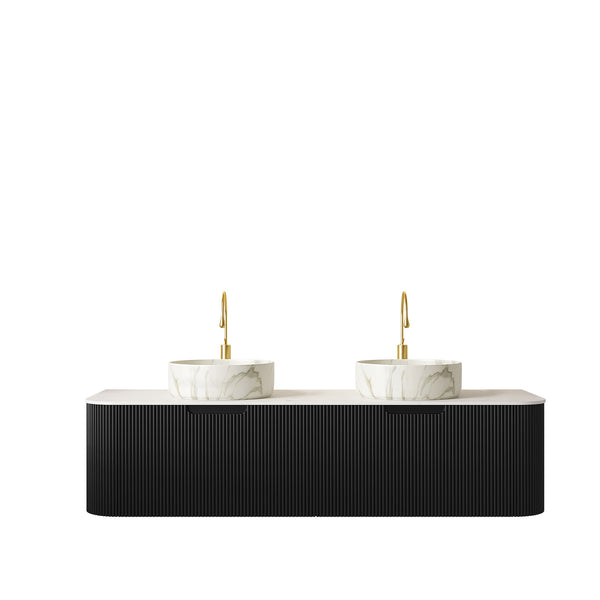 English Elm Dina 60 Inch Floating Bathroom Vanity Sintered Stone Top Dual Glass Basins Wood Grain Black,Carrara White,Stone White W2615S00702