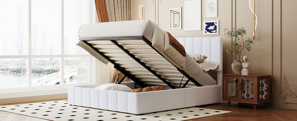 English Elm Queen Linen Upholstered Platform Bed with Hydraulic Lift Storage and Padded Headboard N708P201552K