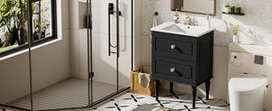 English Elm 24'' French-Style Bathroom Vanity with Ceramic Sink, Black Long Legs, 2 Drawers, Moisture-Resistant Elegance N710P195621B