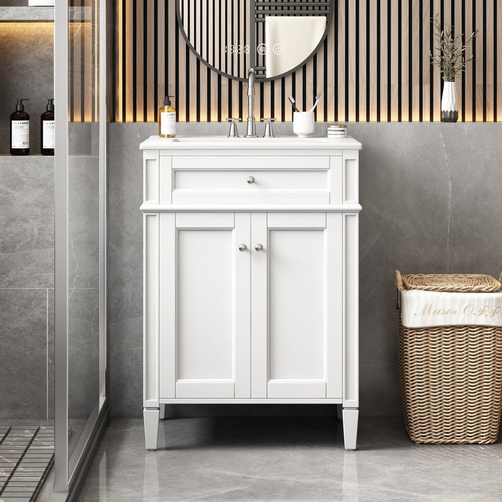 English Elm 24" Bathroom Vanity with Ceramic Basin, French-Inspired Accent Carvings, Soft-Close Doors & Storage White N710P293309K