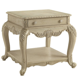 English Elm Antique scalloped-top end table with Queen Anne legs, square design and lower shelf for display elegance White B062P209110