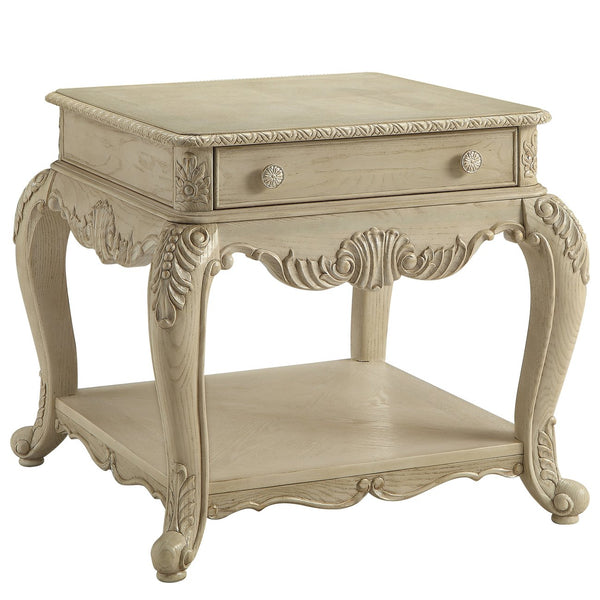 English Elm Antique scalloped-top end table with Queen Anne legs, square design and lower shelf for display elegance White B062P209110