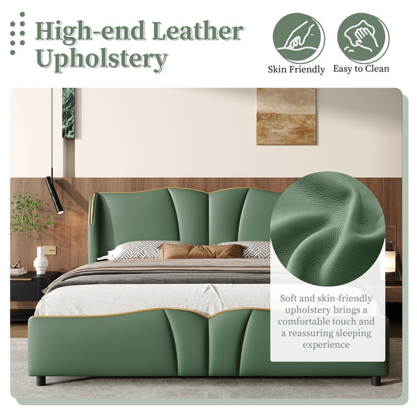 English Elm Christopher Knight Home® - King PU Leather Bed Frame with Wingback Headboard & Footboard, Gold Accents, Platform Slat Support, Elegant Design Dark Green 85 L x 10 W x 3.25 H N761S0000017F