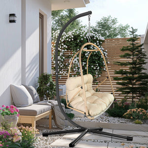 English Elm Swing Egg Chair with Stand - Foldable Rattan Hanging Basket Seat, Cushioned Comfort, Cup Holder Beige+Brown W2707P388617
