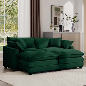 English Elm Corduroy Two-Seater Sofa With Ottoman - Chic Green Comfort For Small Spaces & Cozy Living Rooms W714S00811