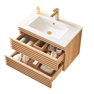 English Elm 30" Tiered Wall Mounted Floating Single Vanity with Ceramic Sink, Plywood Durability & Storage Nook W1826P255391