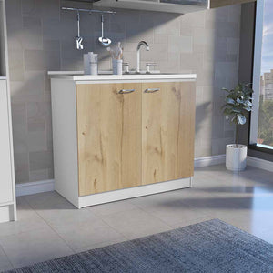 English Elm Freestanding Sink Cabinet With Double Doors & Two Shelves In White And Light Oak For Modern Kitchens B097S00137