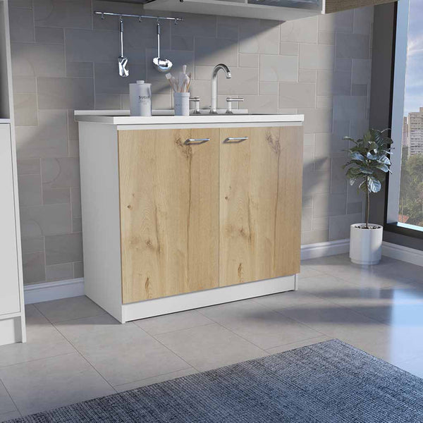 English Elm Freestanding Sink Cabinet With Double Doors & Two Shelves In White And Light Oak For Modern Kitchens B097S00137