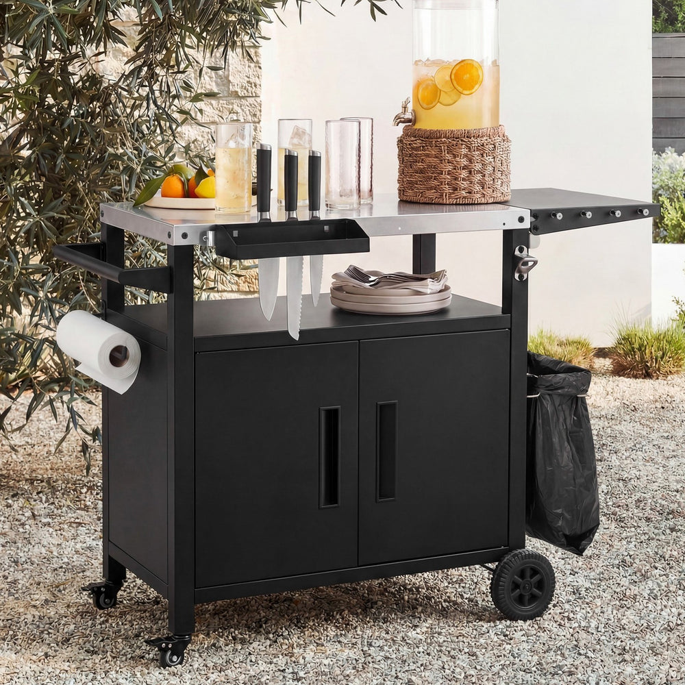 English Elm K&k Outdoor Bbq Station Stainless Steel Top Foldable Side Table Locking Wheels N707P379802B