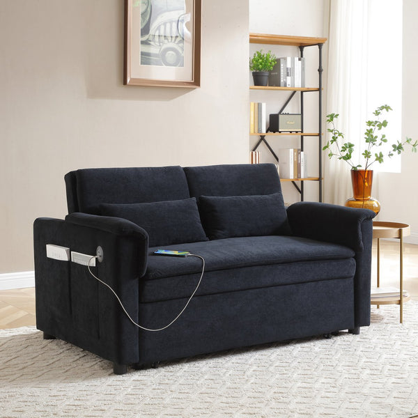 English Elm 55" Velvet Two Seater Pull Out Sofa Bed with USB Ports, Side Pockets, Adjustable Backrest, Compact Lounger Black W2677P288324
