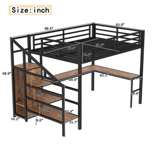 English Elm Queen Size Loft Bed With L-Shaped Desk, Usb Ports & Led Light - Modern Metal Frame For Stylish Spaces W1580S00180-GIGA