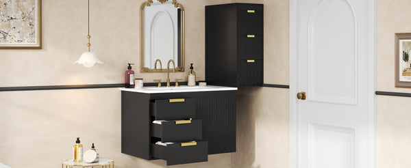 English Elm 30" Bathroom Vanity with Sink — Wall-Mounted Ceramic Basin, Soft-Close Storage, Floating Modern Design Black N710S324096B