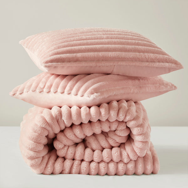 JLA Home Intelligent Design - Fluffy Premium Ribbed Plush Comforter Set — 300gsm Oeko‑Tex Cozy Loft, Smooth Reverse, Ready-to-Use Pink AM10-0274